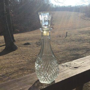 One Large 12" Vintage Diamond Glass  Wine Decanter W/ Leaf Pressed Stopper